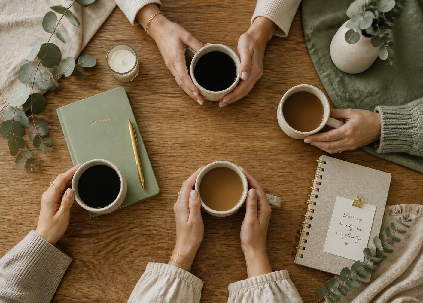 Women gathered around coffee and notebooks